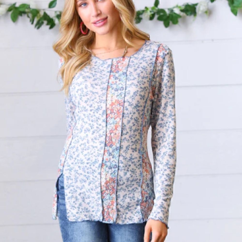 NEW! Cute Boho Floral Printe Color Block Merrow Hem Long Sleeve Top Ditsy